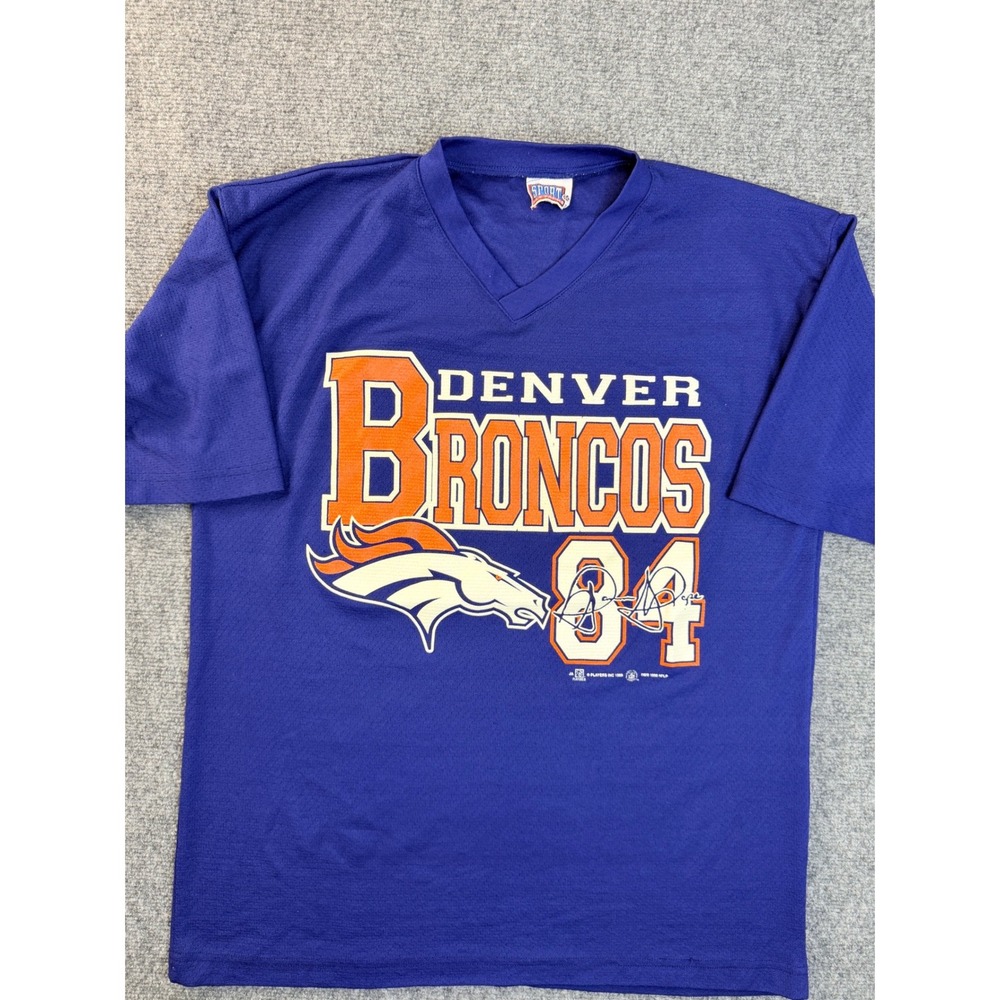 VTG Denver Broncos Sport Attack Shirt Mens XL Blue Mesh V-Neck Graphic Tee 90s
